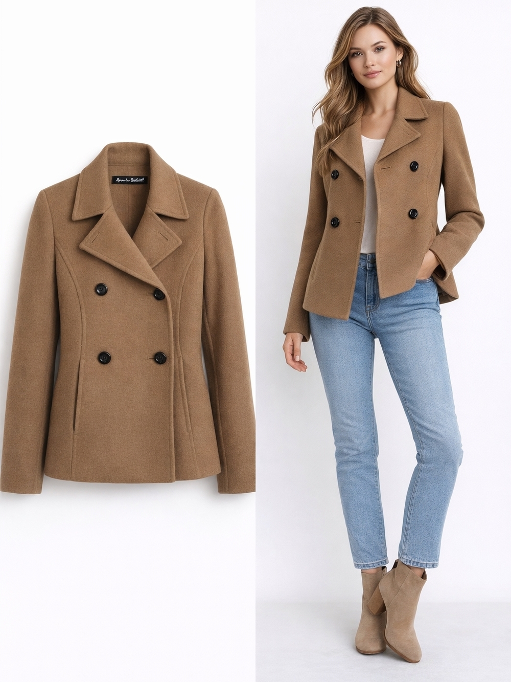 Alexandra Bartlett Wool Blend Peacoat Jacket XS Camel Brown Double Breasted